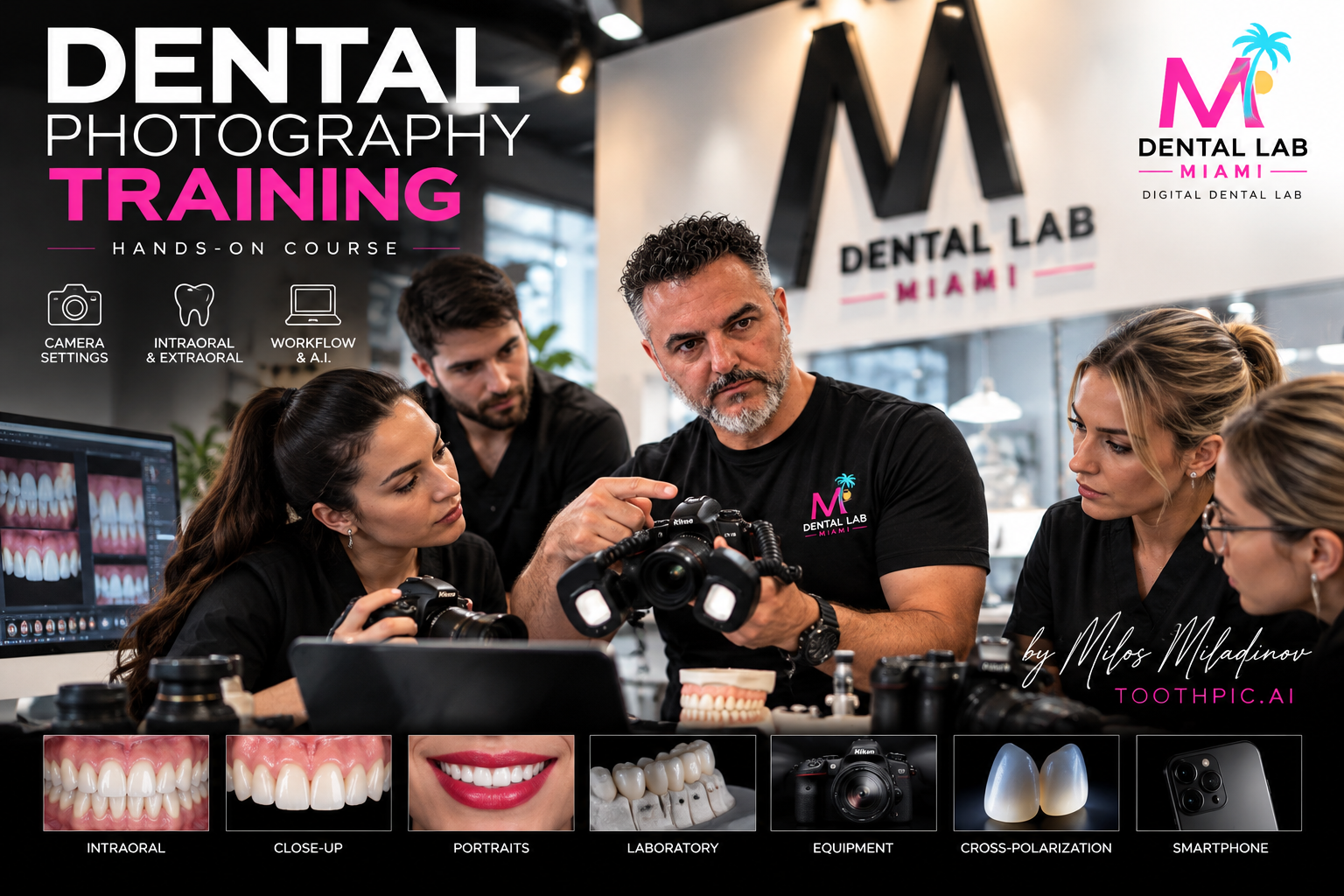 A group of dental professionals in a training session at the Dental Lab Miami, focusing on dental photography. The instructor is showing a camera to assist with dental intraoral and portrait photography. The image includes dental equipment, a computer monitor displaying teeth images, and various dental tools and models on the table.