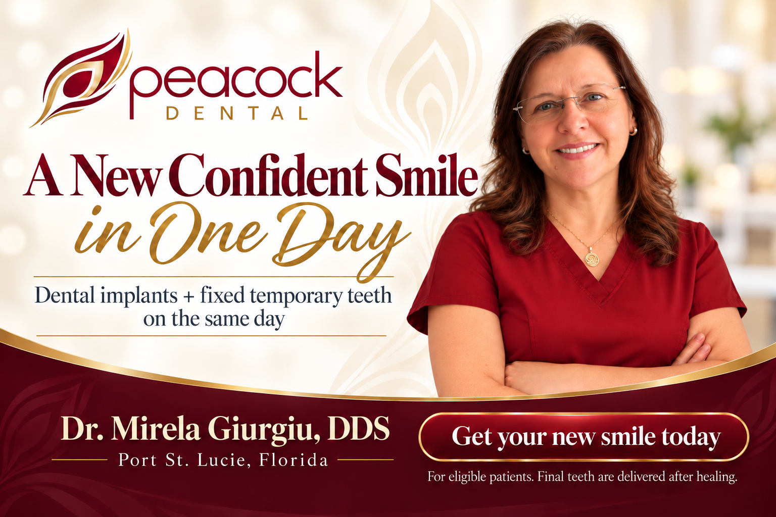 Dental clinic advertisement featuring a smiling woman with glasses in a red uniform. Text promotes a one-day dental implant and temporary teeth service from Peacock Dental, Dr. Mirela Giurgiu, DDS, in Port St. Lucie, Florida, with a call to action to get a new smile today.