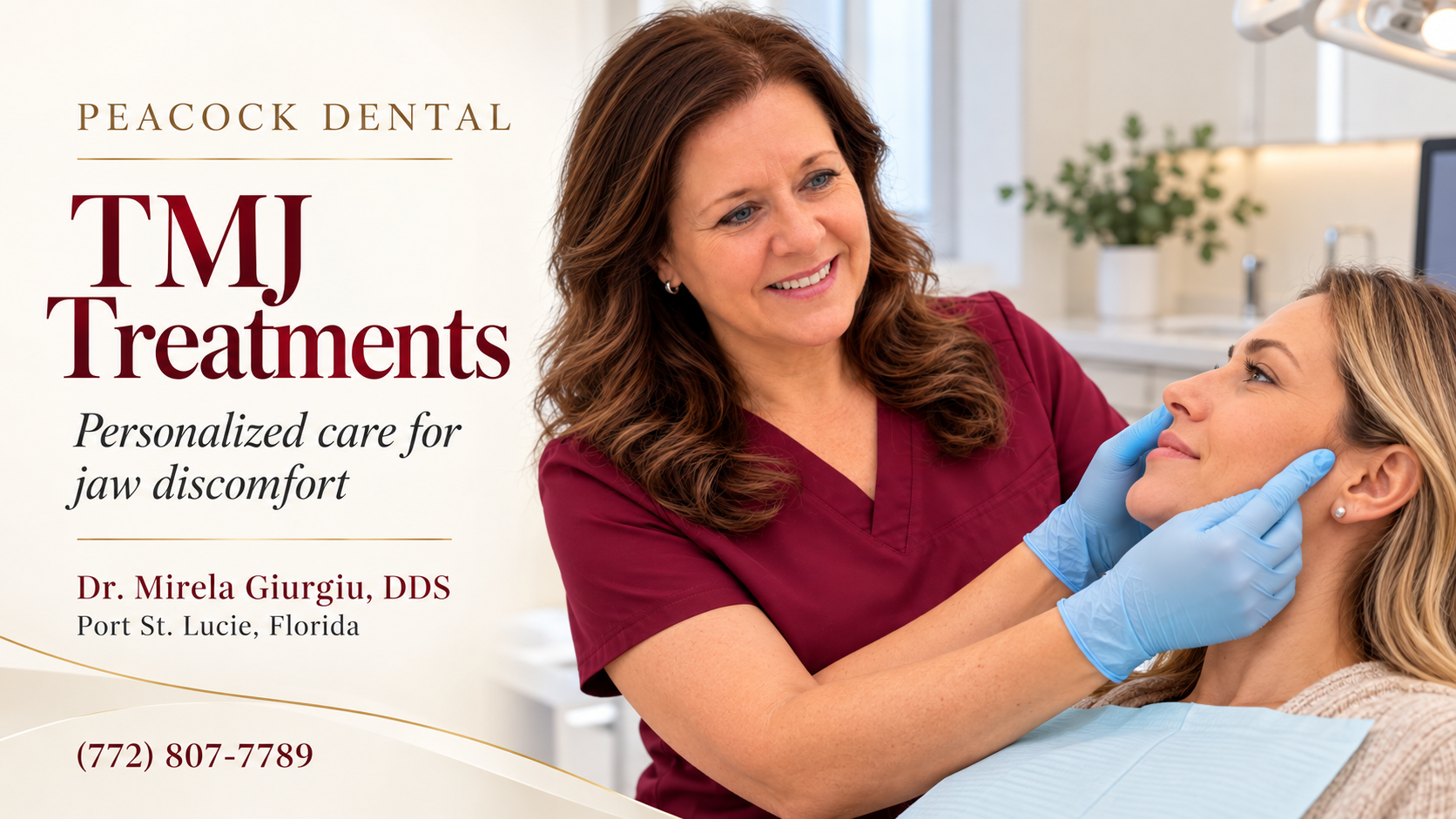 A dentist, a woman with brown hair wearing a burgundy uniform, examining a smiling woman with blonde hair, sitting in a dental chair. The setting is a bright, modern dental office.