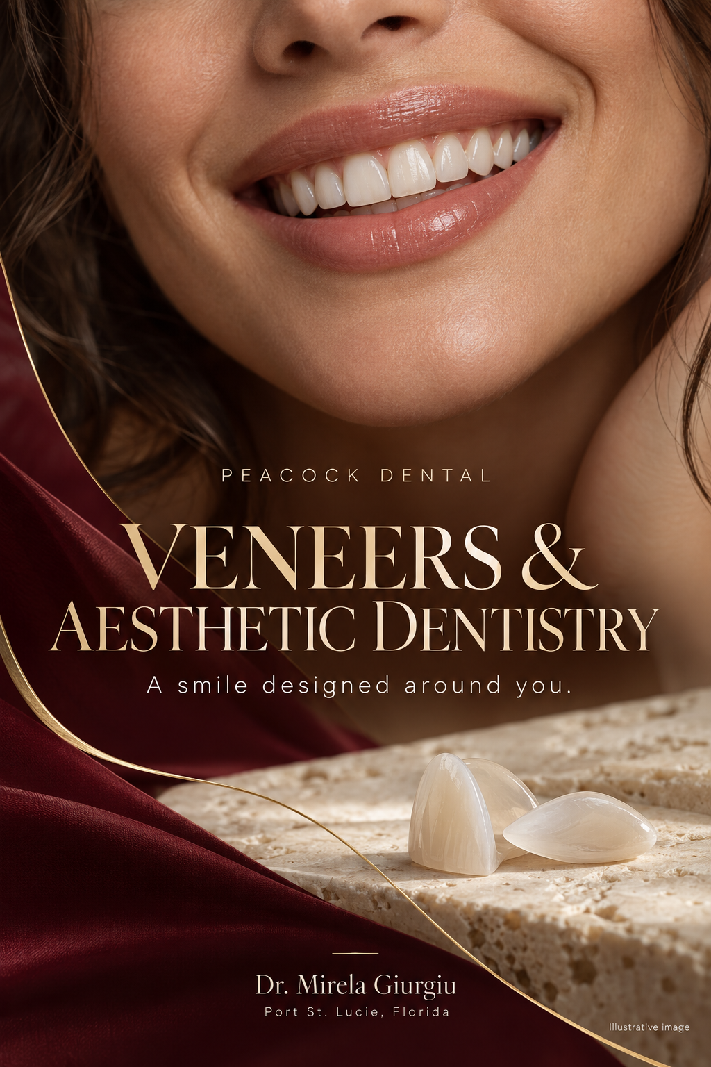 Close-up of a smiling woman's face showing her teeth and lips, with text overlay advertising veneers and aesthetic dentistry by Peacock Dental in Port St. Lucie, Florida.