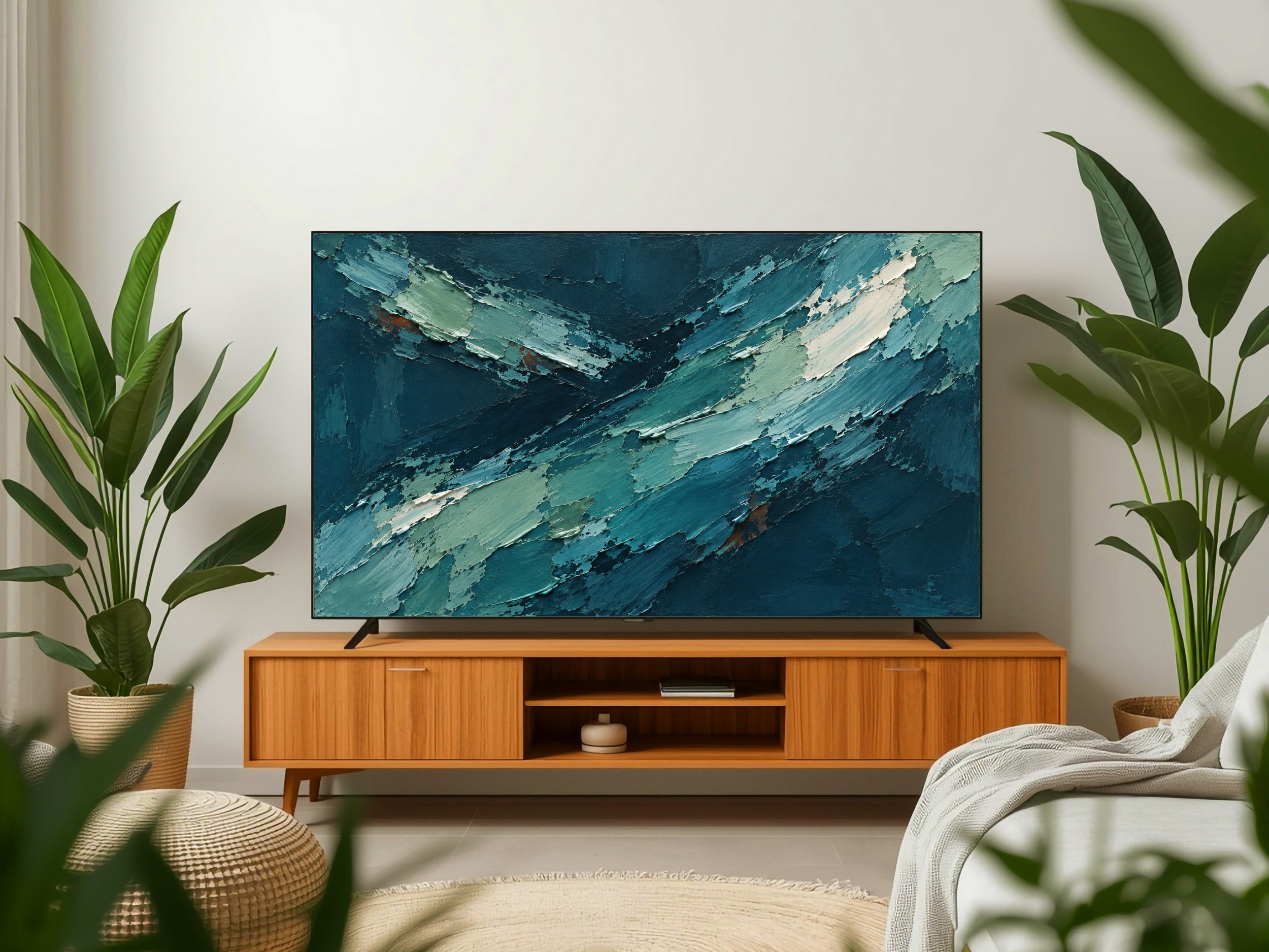 Tidal Rhythm blue abstract TV art in a calm living room with green plants.