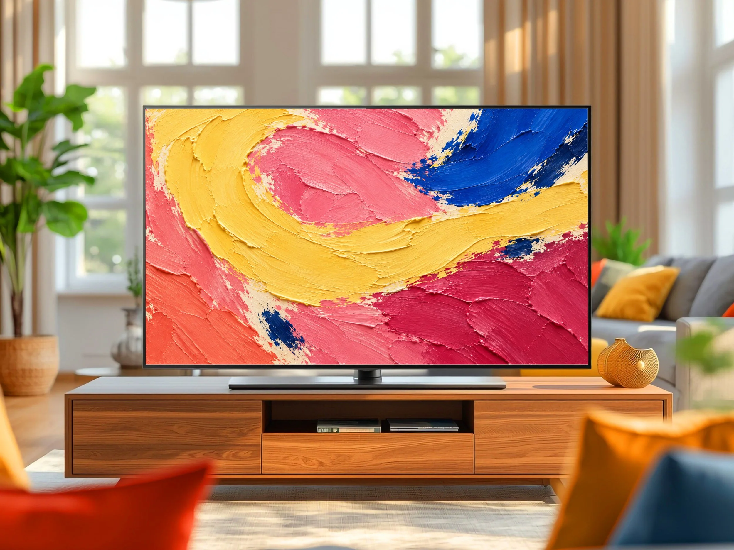 Yellow Turn from Color in Motion displayed on a TV in a warm, sunlit living room.