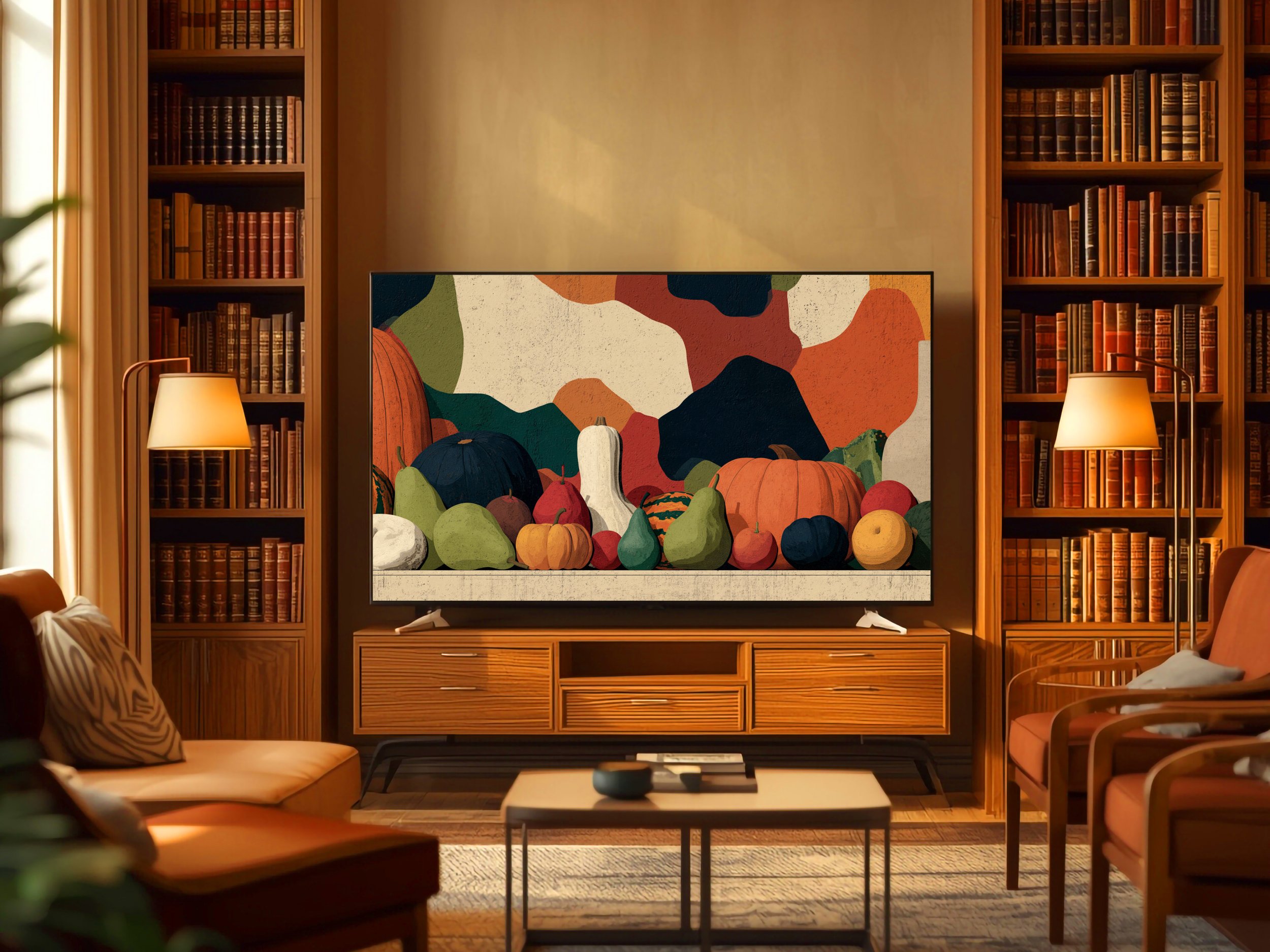 Modern Harvest autumn pumpkins and gourds displayed on a TV in a cozy home library.