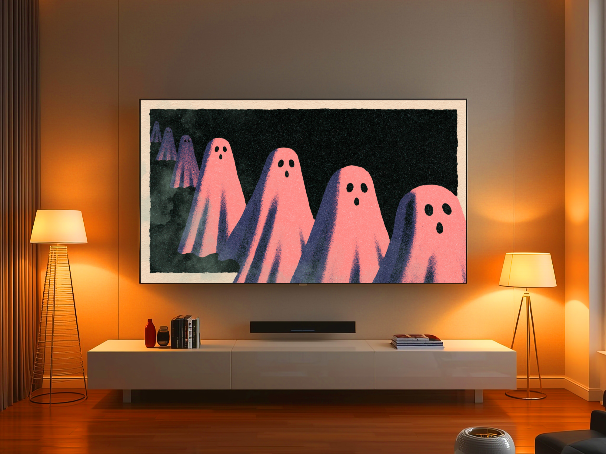 Ghost Parade from Hallowed displayed on a TV in the warm Amber Lamplight room, with sculptural lamps and a pale console.