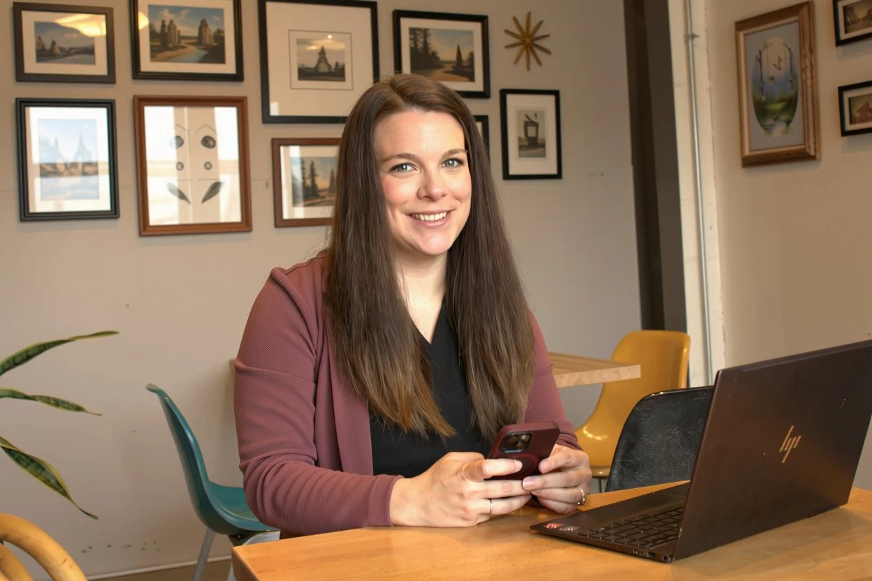 A woman with long brown hair sitting at a wooden table with a black HP laptop and a smartphone, smiling at the camera, in a room with a wall decorated with framed photos and artwork.