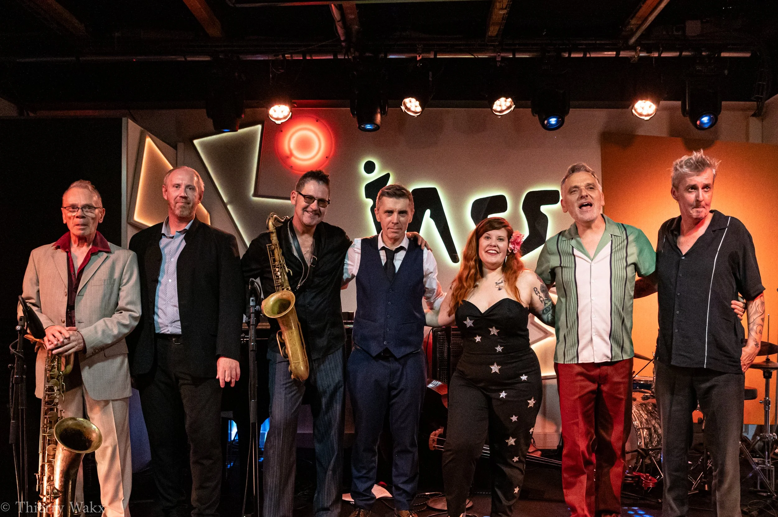 Cecilya & The Candy Kings with saxophonist Sax Gordon and singer songwriter Cecilya Mestres at the Paris Jass Club after recording their live album. Paris 2026.