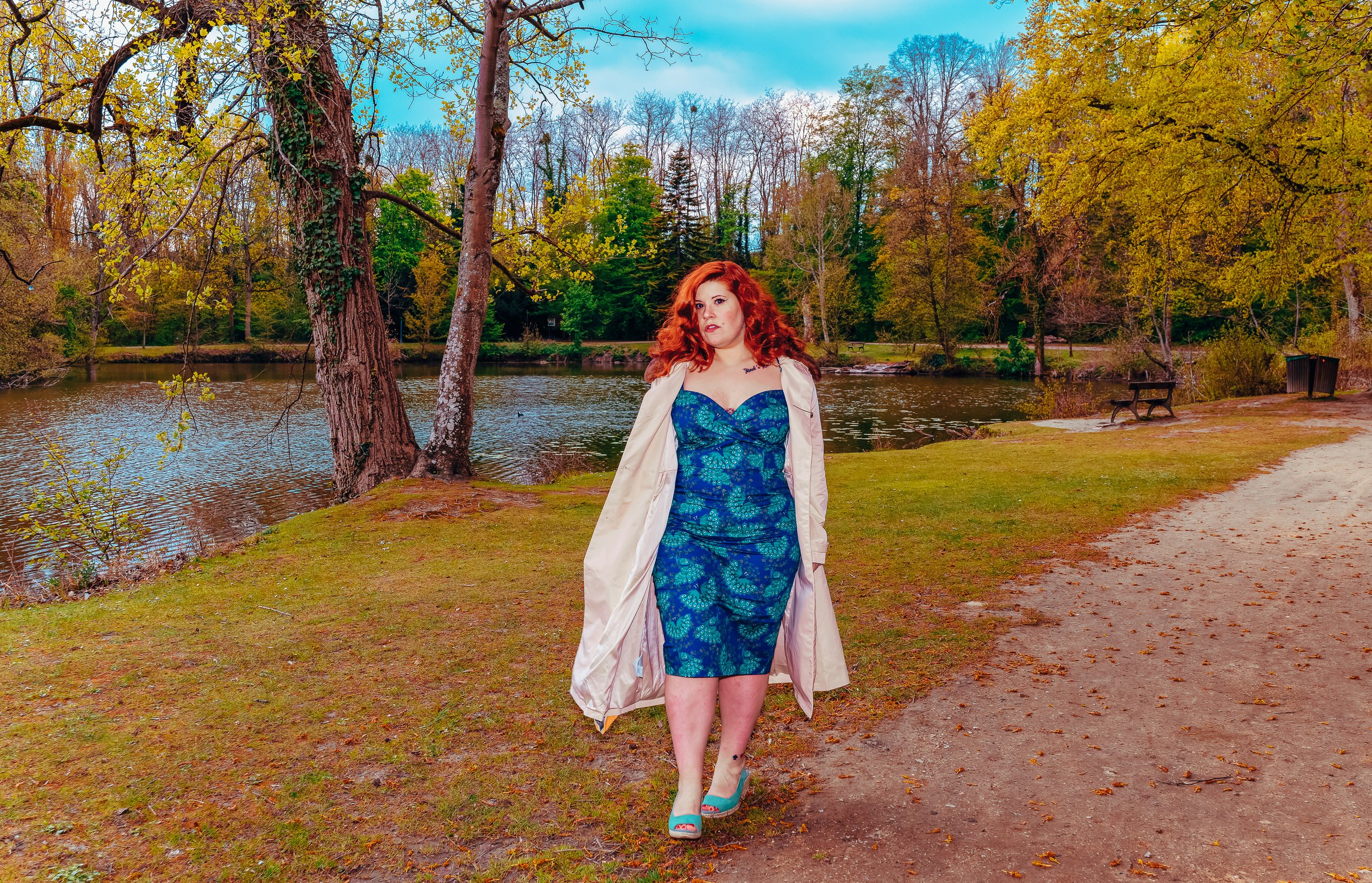 Singer-songwriter Cecilya Mestres walking along a beautiful autumn park in Val-d'Oise, France.