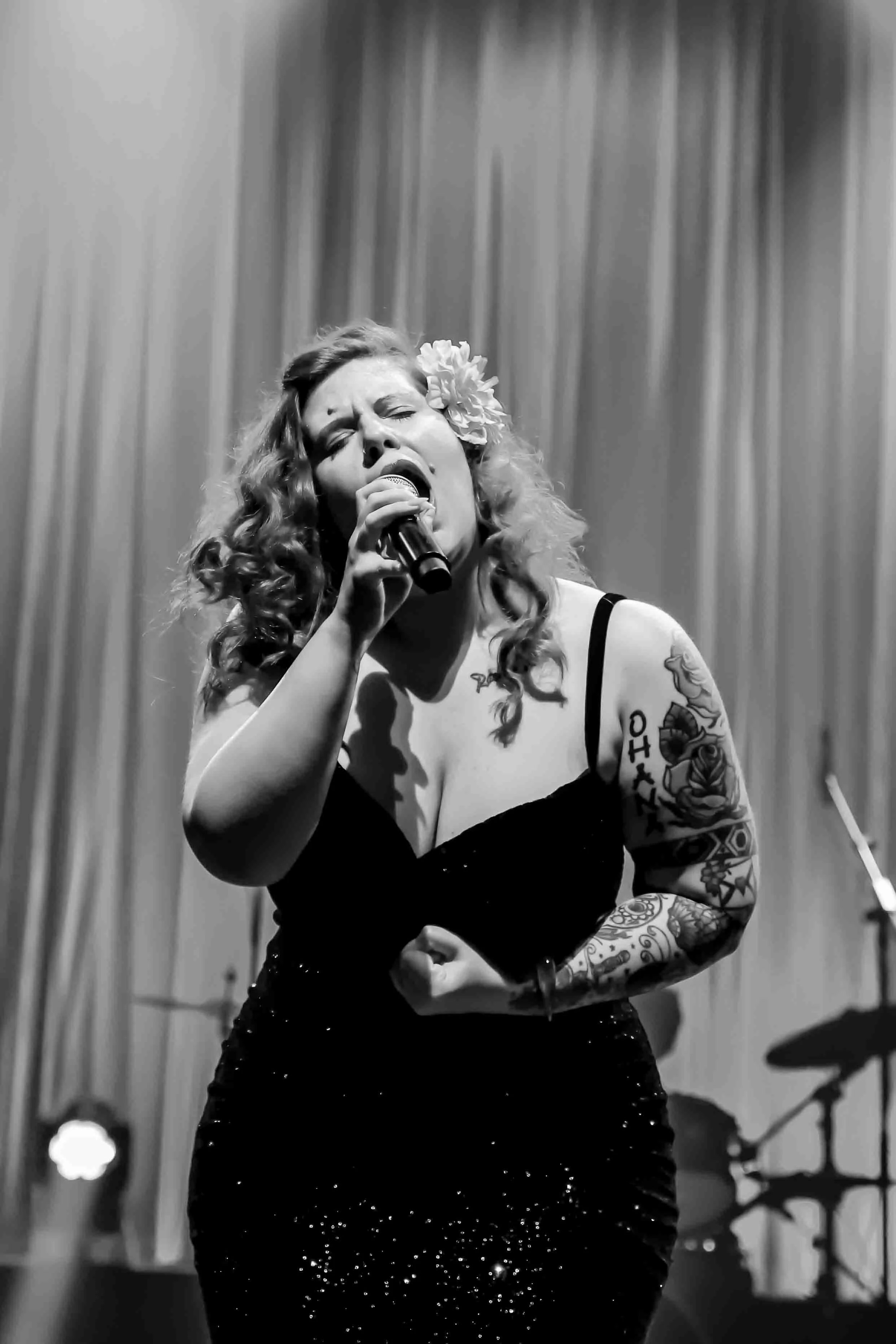 Singer songwriter Cecilya Mestres fronting the best retro European rhythm 'n' blues live show at the Limeil Blues Rock Festival 2025. Limeil-Brevannes, near Paris Île-de-France.