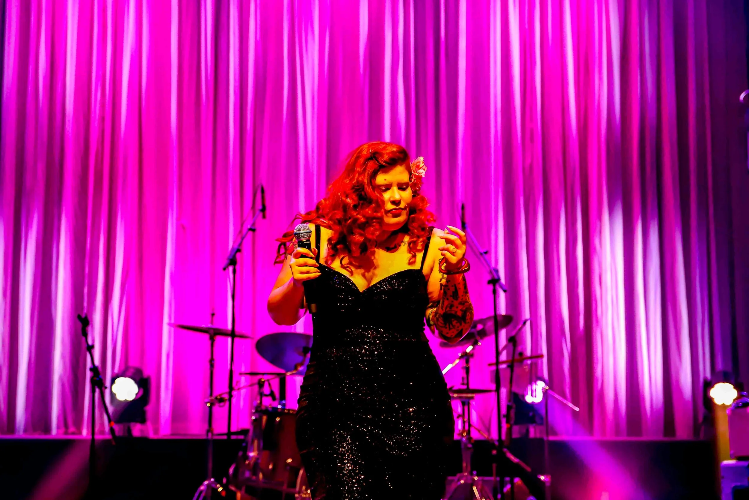 Singer songwriter Cecilya Mestres fronting the best retro European rhythm 'n' blues live show at the Limeil Blues Rock Festival 2025. Limeil-Brevannes, near Paris Île-de-France.