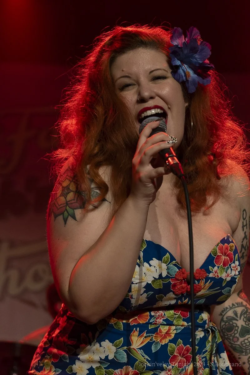 Singer songwriter Cecilya Mestres fronting the best retro European rhythm 'n' blues live show at the Rockin' Velay Tonight 2024. Monistrol-sur-Loire, Auvergne-Rhône-Alpes, France.