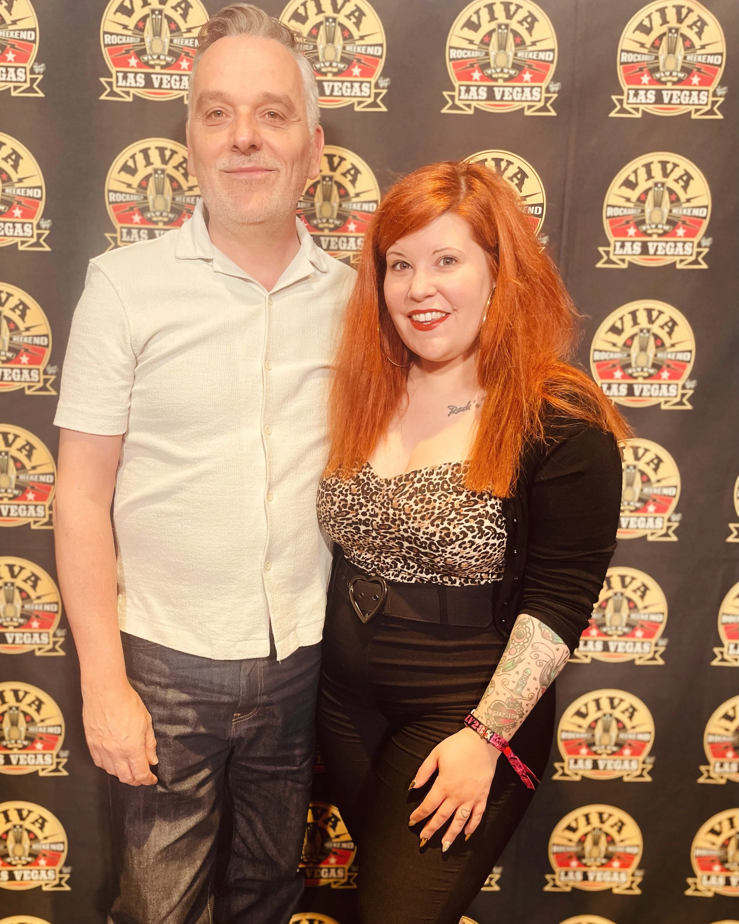 Singer Cecilya Mestres & guitarist Rodolphe Dumont after performing the best retro rhythm 'n' blues live show at Viva Las Vegas #28 in Las Vegas Nevada United States of America USA 2025.
