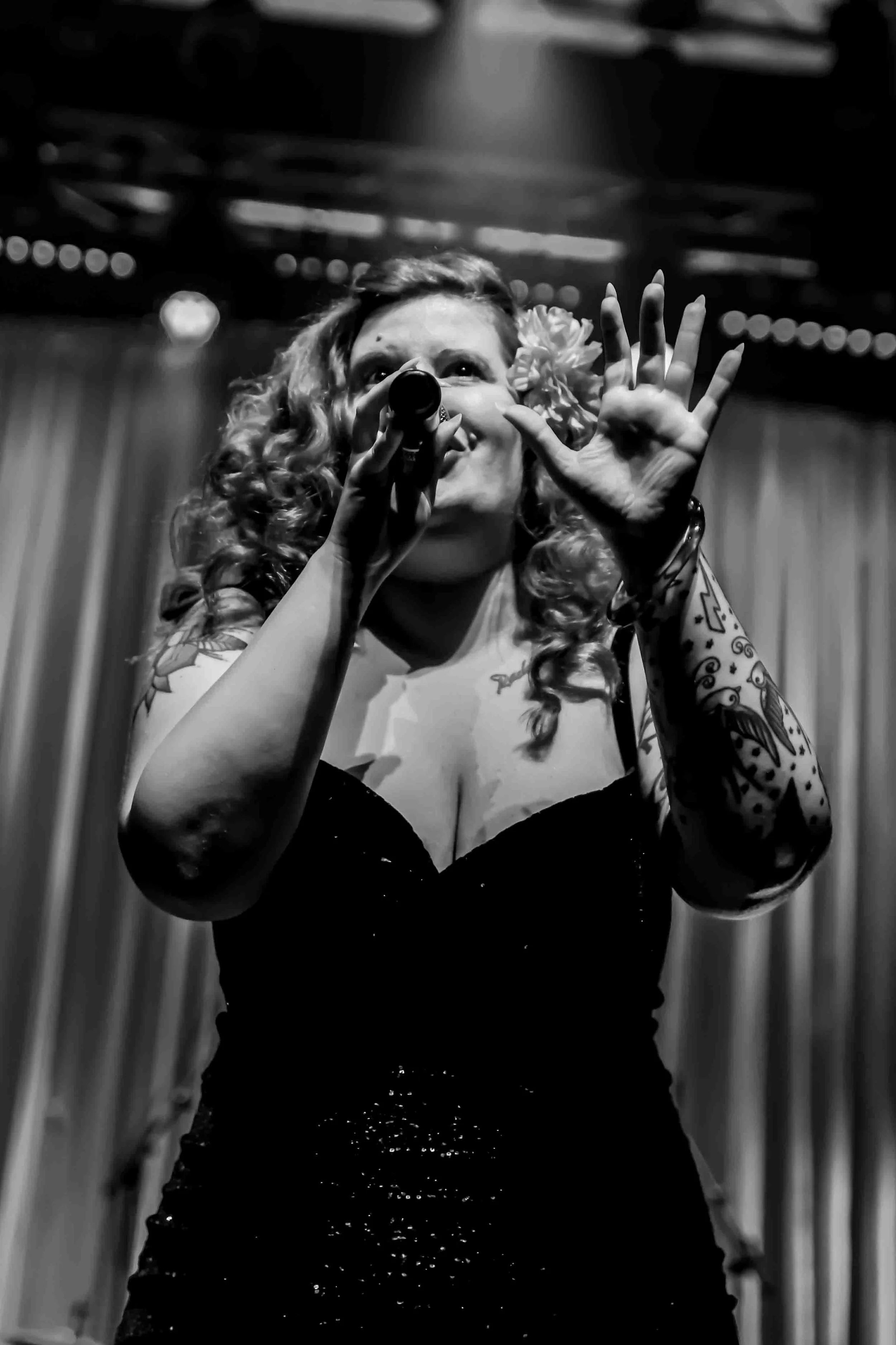 Singer songwriter Cecilya Mestres fronting the best retro European rhythm 'n' blues live show at the Limeil Blues Rock Festival 2025. Limeil-Brevannes, near Paris Île-de-France.