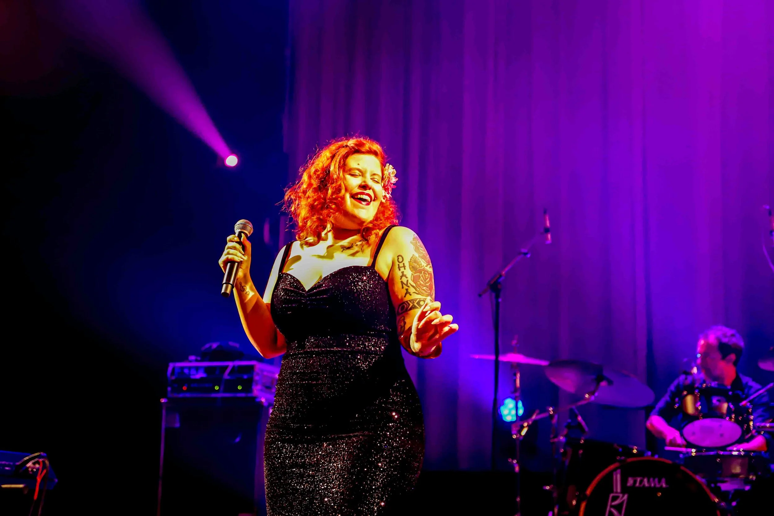 Singer songwriter Cecilya Mestres fronting the best retro European rhythm 'n' blues live show at the Limeil Blues Rock Festival 2025. Limeil-Brevannes, near Paris Île-de-France.