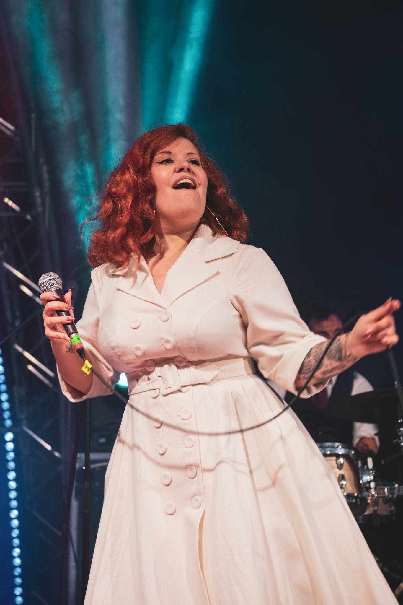 Singer songwriter Cecilya Mestres fronting the best retro European rhythm 'n' blues live show at the Fête de la Musique du Pays de Gex. Ain, France 2024.