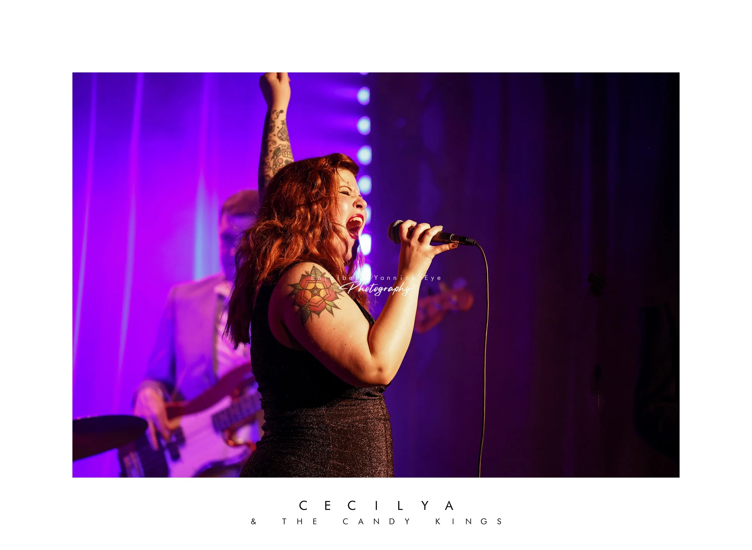 Singer songwriter Cecilya Mestres fronting the best retro European rhythm 'n' blues live show at blues stage l'Azile. La Rochelle, Loire Atlantique, 2023.