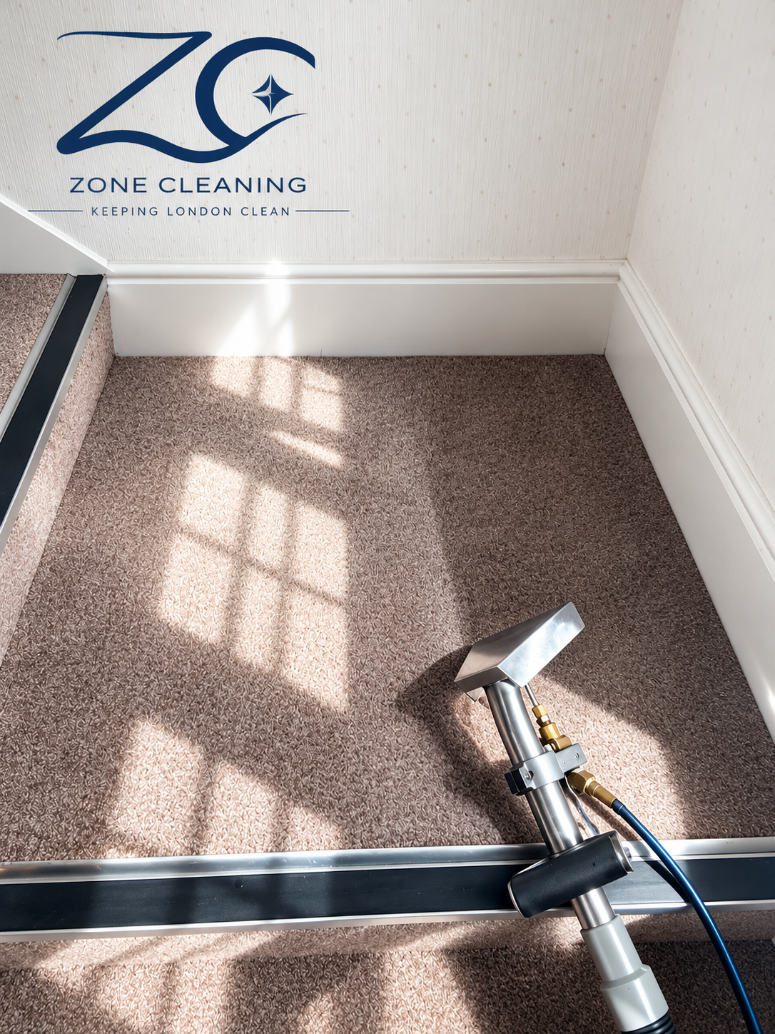 Cleaning equipment used for steam cleaning carpets in an office space, with a sign for Zone Cleaning on the wall.