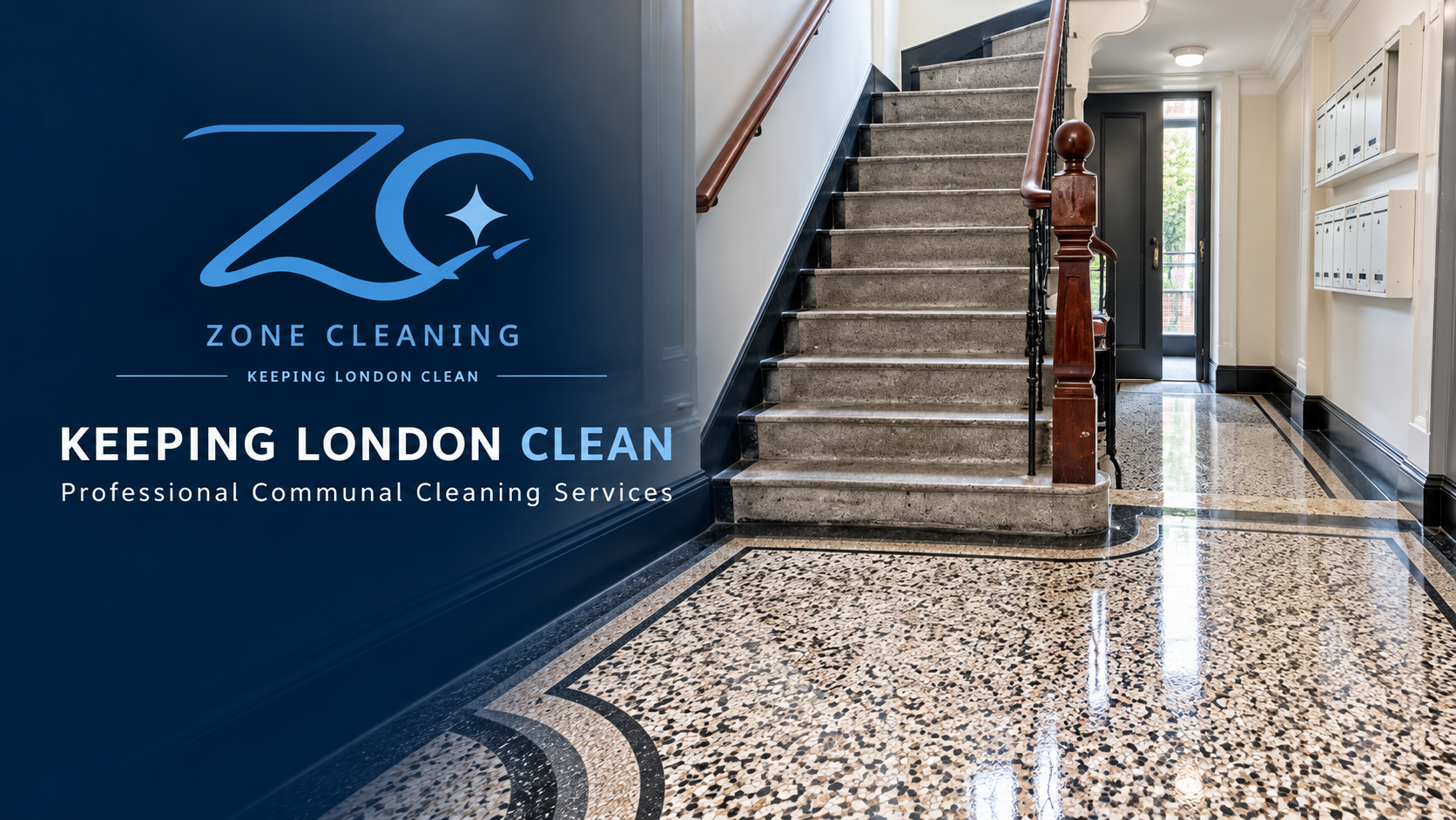 Interior view of a building's lobby with a staircase, terrazzo flooring, and mailboxes on the wall. An advertisement for Zone Cleaning, a professional cleaning service, is overlaid on the left side of the image.