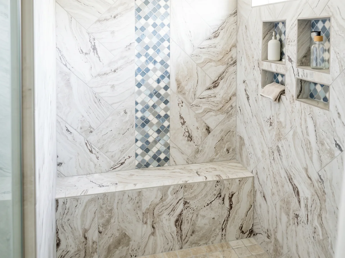 Luxury marble-tiled shower with blue-and-white mosaic accent strip, built-in shelves, soap bottles, and bench seat