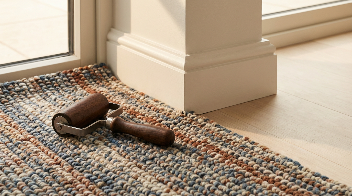 Wood-handled carpet seam roller on a textured braided rug beside a doorway