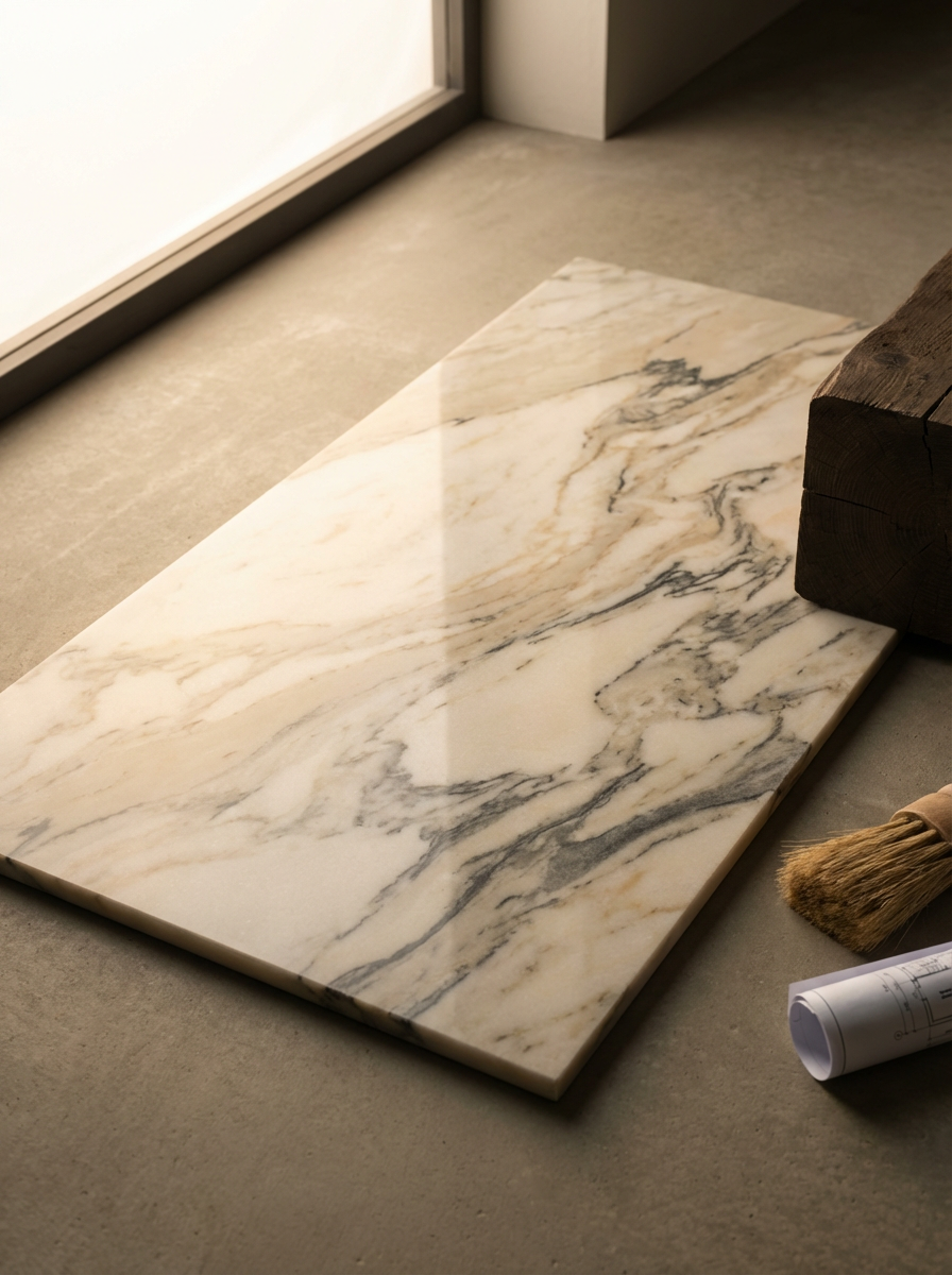 Veined white marble slab on a concrete floor beside a wooden beam, brush, and rolled architectural plans