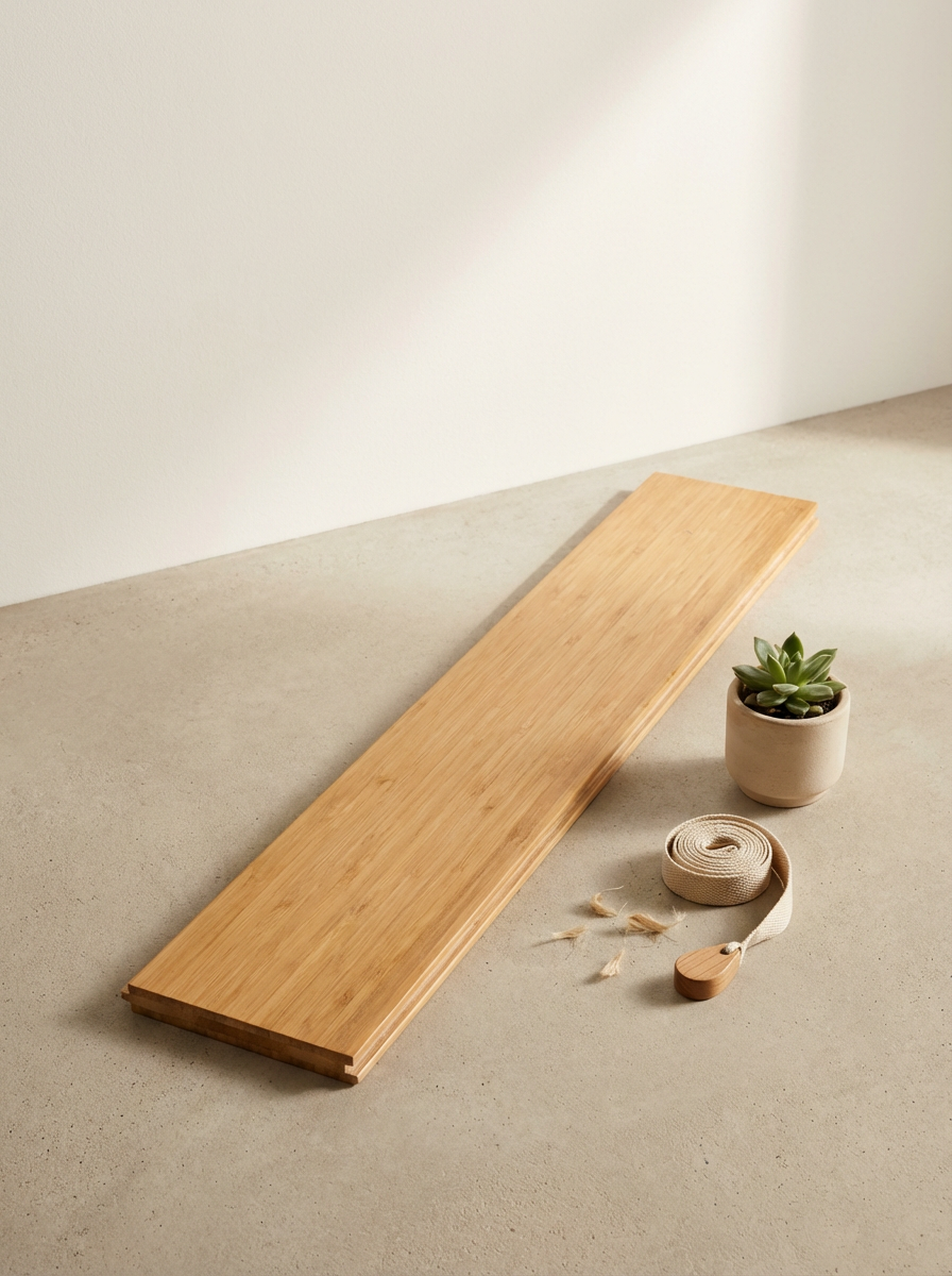 Bamboo yoga mat with rolled strap and potted succulent on a concrete floor