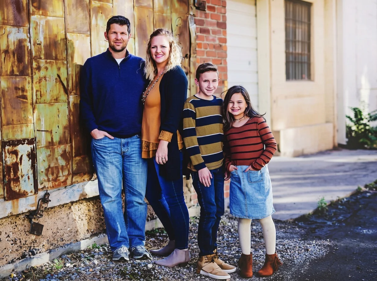 Family of four posing outdoors beside a weathered metal wall and brick building