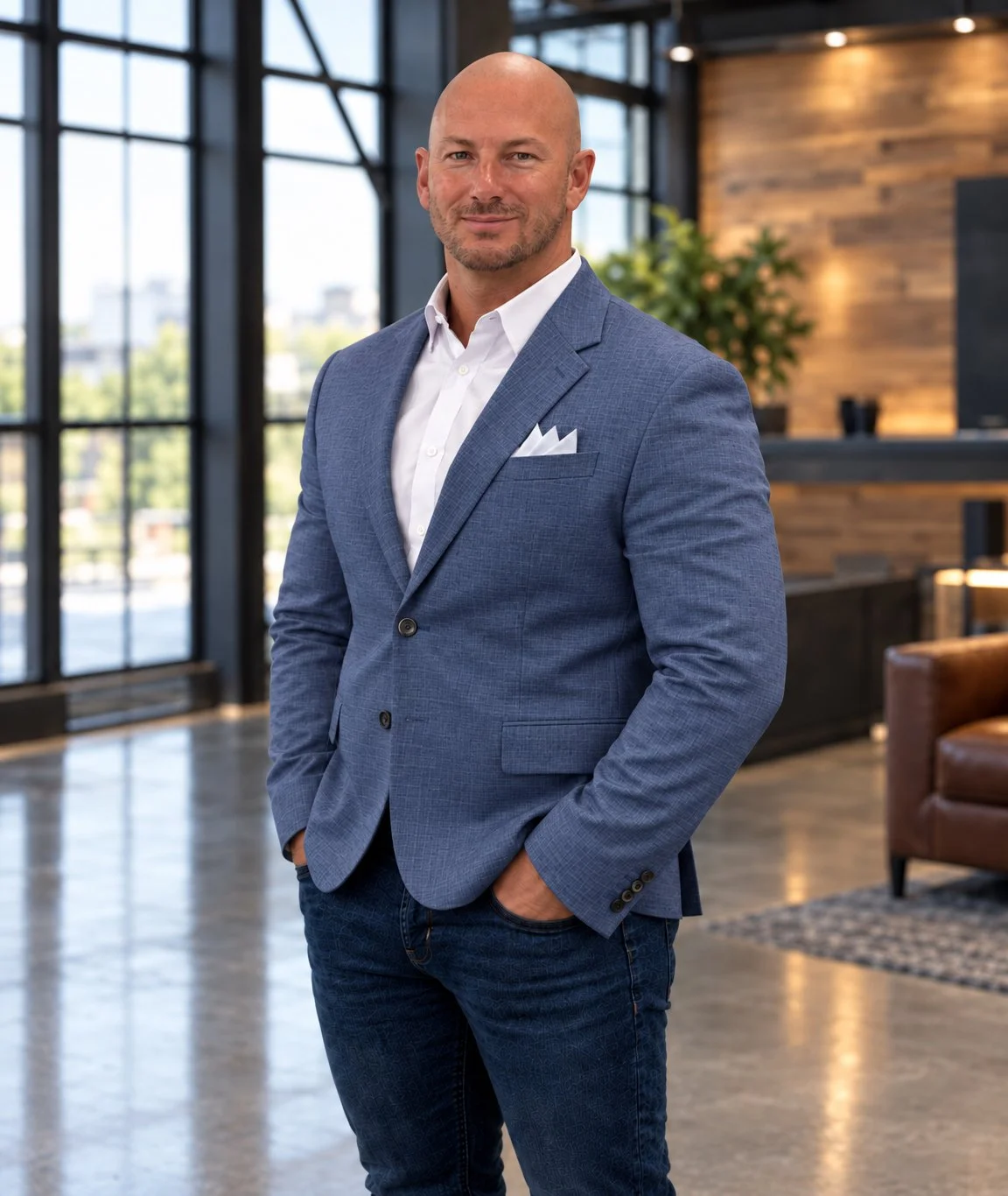 Bald man in a blue blazer and white shirt standing in a modern office lobby