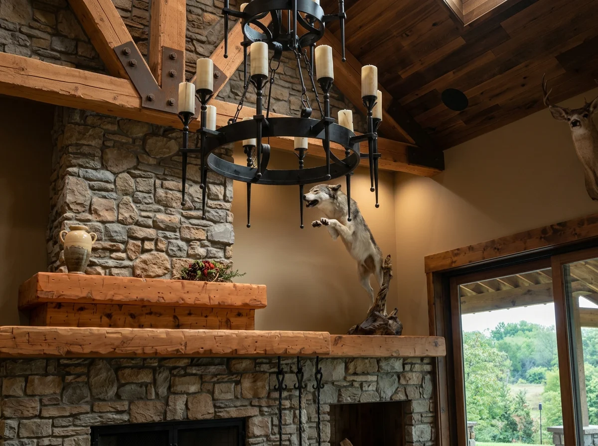 Rustic stone fireplace with wooden beams, a black wrought-iron candle chandelier, and mounted wildlife displays including a leaping wolf and deer head