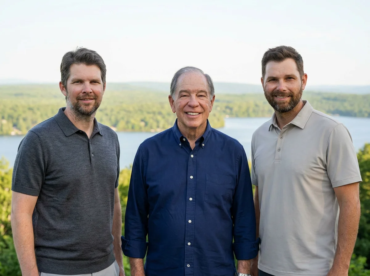 Three smiling men posing together outdoors with a scenic lake and forested landscape in the background
