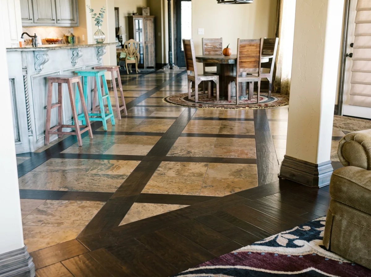 Open-concept kitchen and dining area with rustic wood cabinets, island seating, patterned tile flooring, and farmhouse dining table
