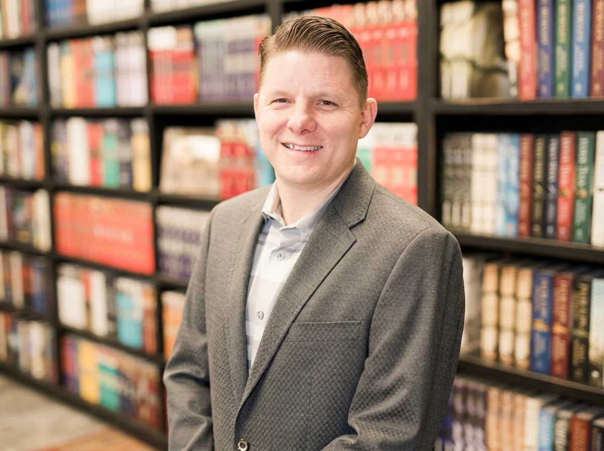 Smiling man in a gray blazer standing in front of a bookshelf