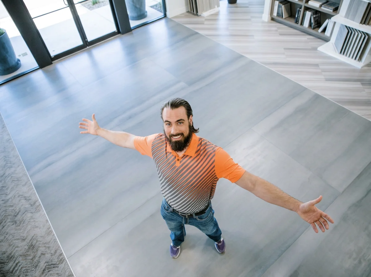 Bearded man in an orange striped polo shirt standing with arms outstretched in a modern lobby