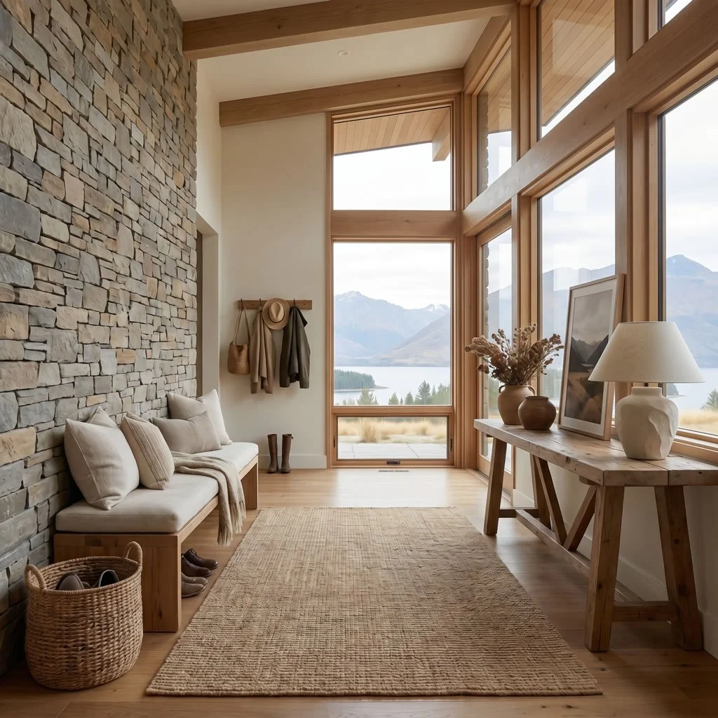 Cozy mountain home entryway with a stone accent wall, cushioned bench, coat hooks, console table, and large windows overlooking a lake and mountains.