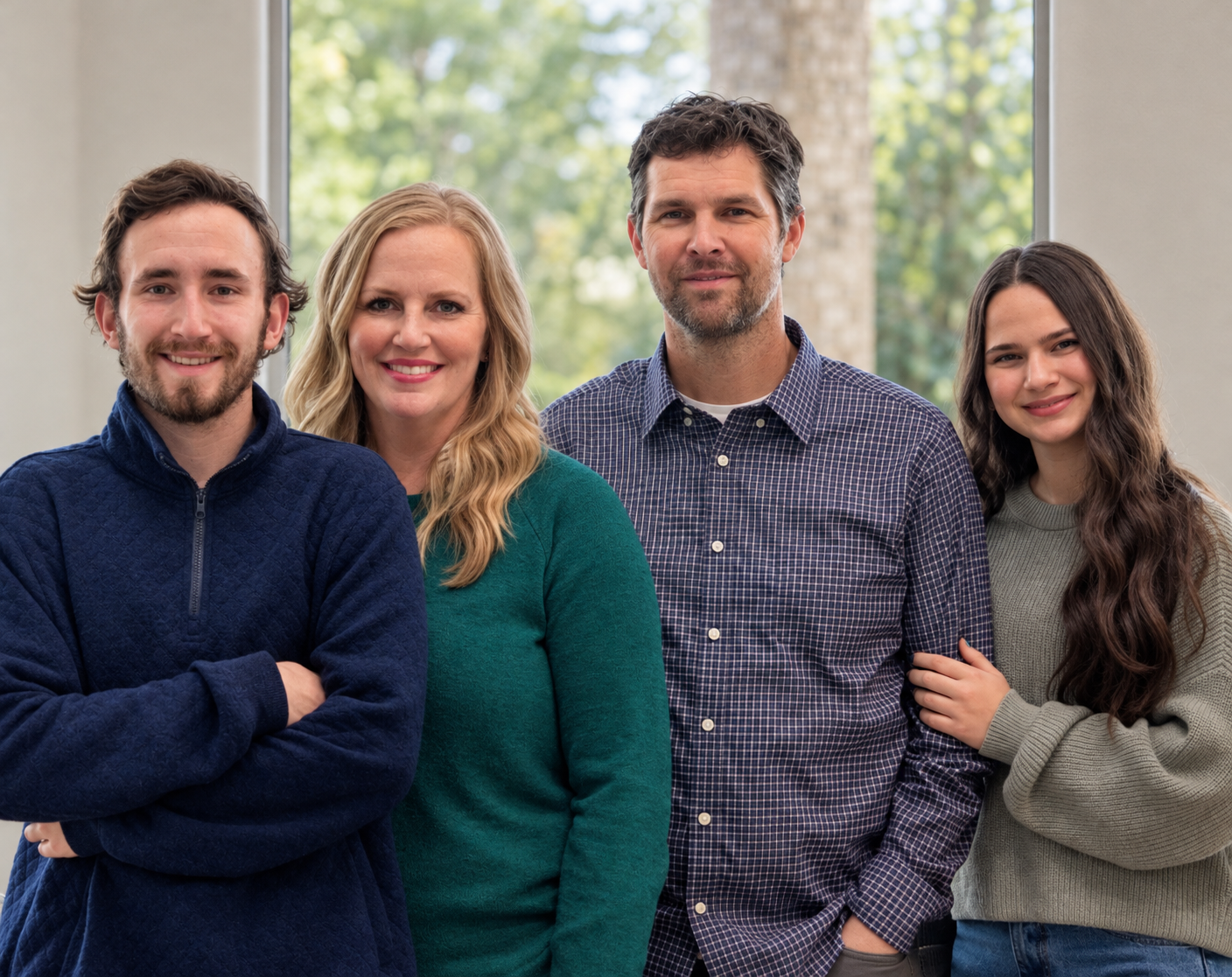 Portrait of four smiling adults standing together indoors in front of a large window.