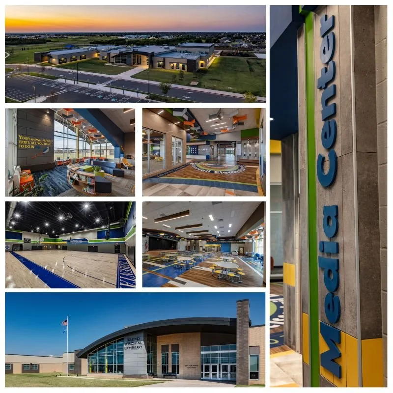 Collage showcasing Edmond Elementary School exterior, colorful interior spaces, cafeteria, gymnasium, and school signage.