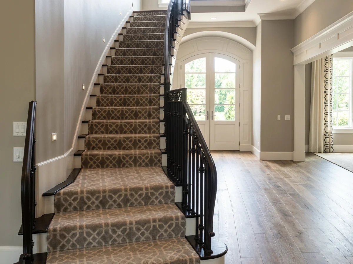 Elegant home entryway with patterned carpeted staircase, black iron railing, hardwood floors, and arched double doors.