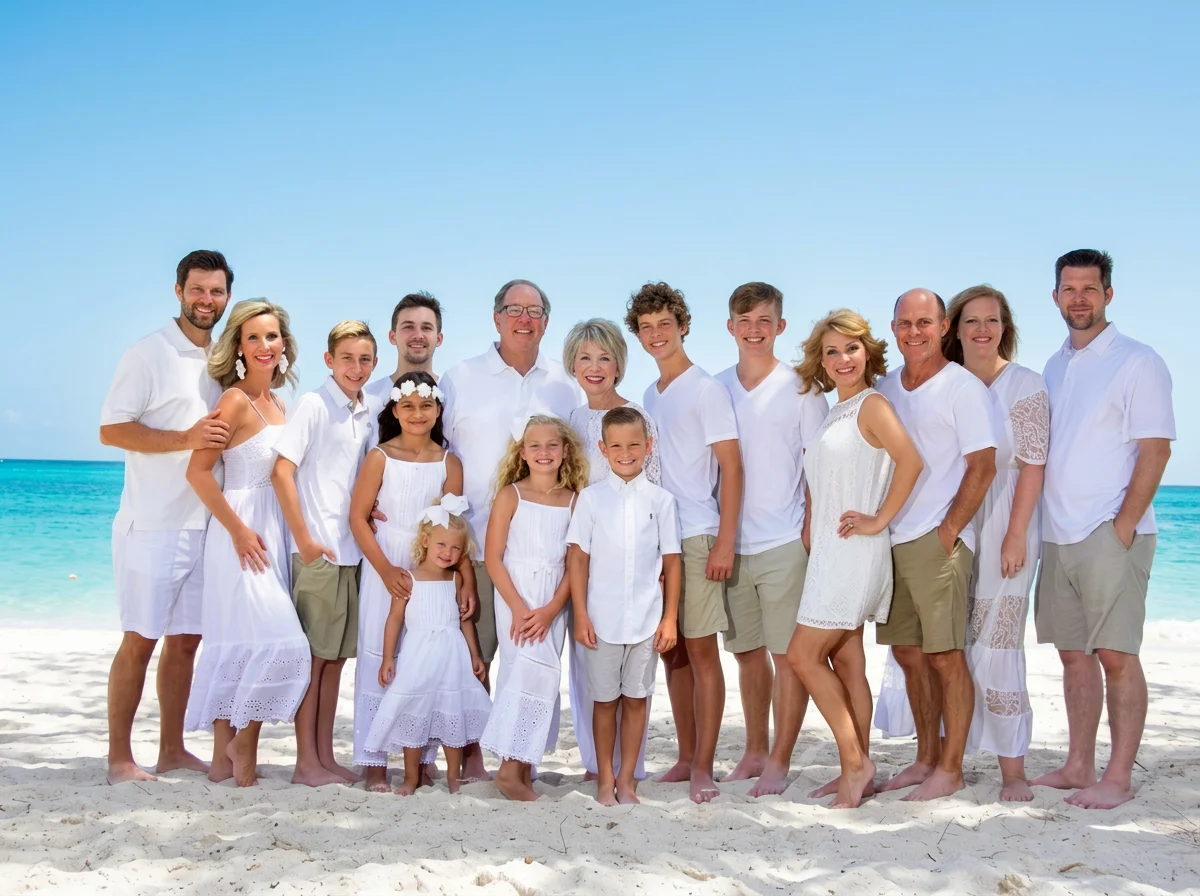 Large multigenerational family in white clothing posing on a sunny tropical beach