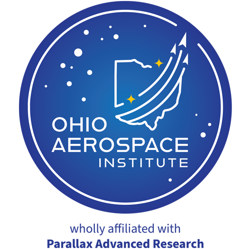 Logo of Ohio Aerospace Institute featuring a stylized map of Ohio with stars and curved lines representing motion or air, set within a circular design on a blue background.