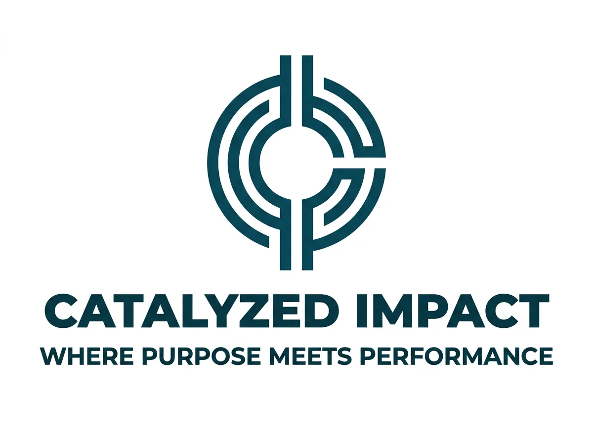 A logo featuring a circular maze-like design with a vertical line crossing through it, representing focus or direction. Below, the text reads "CATALYZED IMPACT" in bold, and beneath that, the slogan "WHERE PURPOSE MEETS PERFORMANCE".