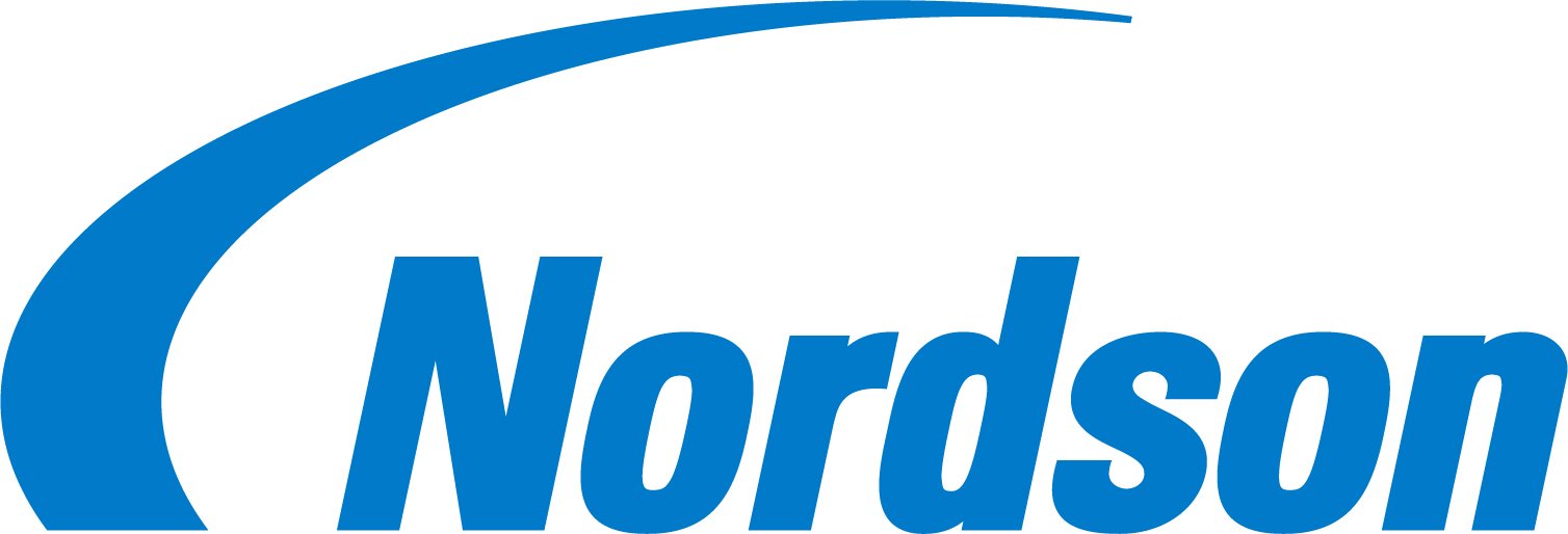 The logo features a blue curved line at the top left, with the word 'Nordson' written in blue text next to it.