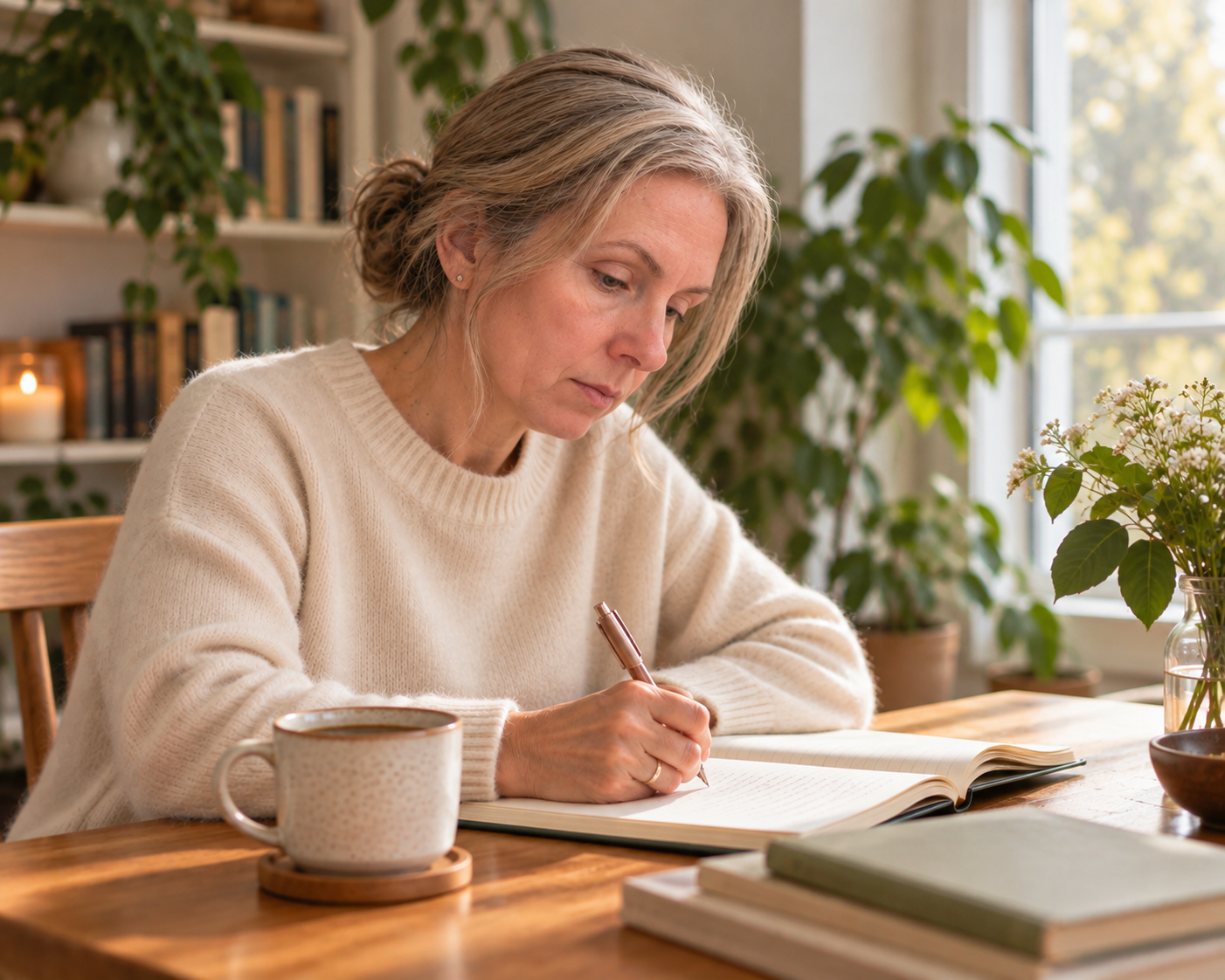 A woman writing in a notebook at a wooden table, surrounded by books and plants.
