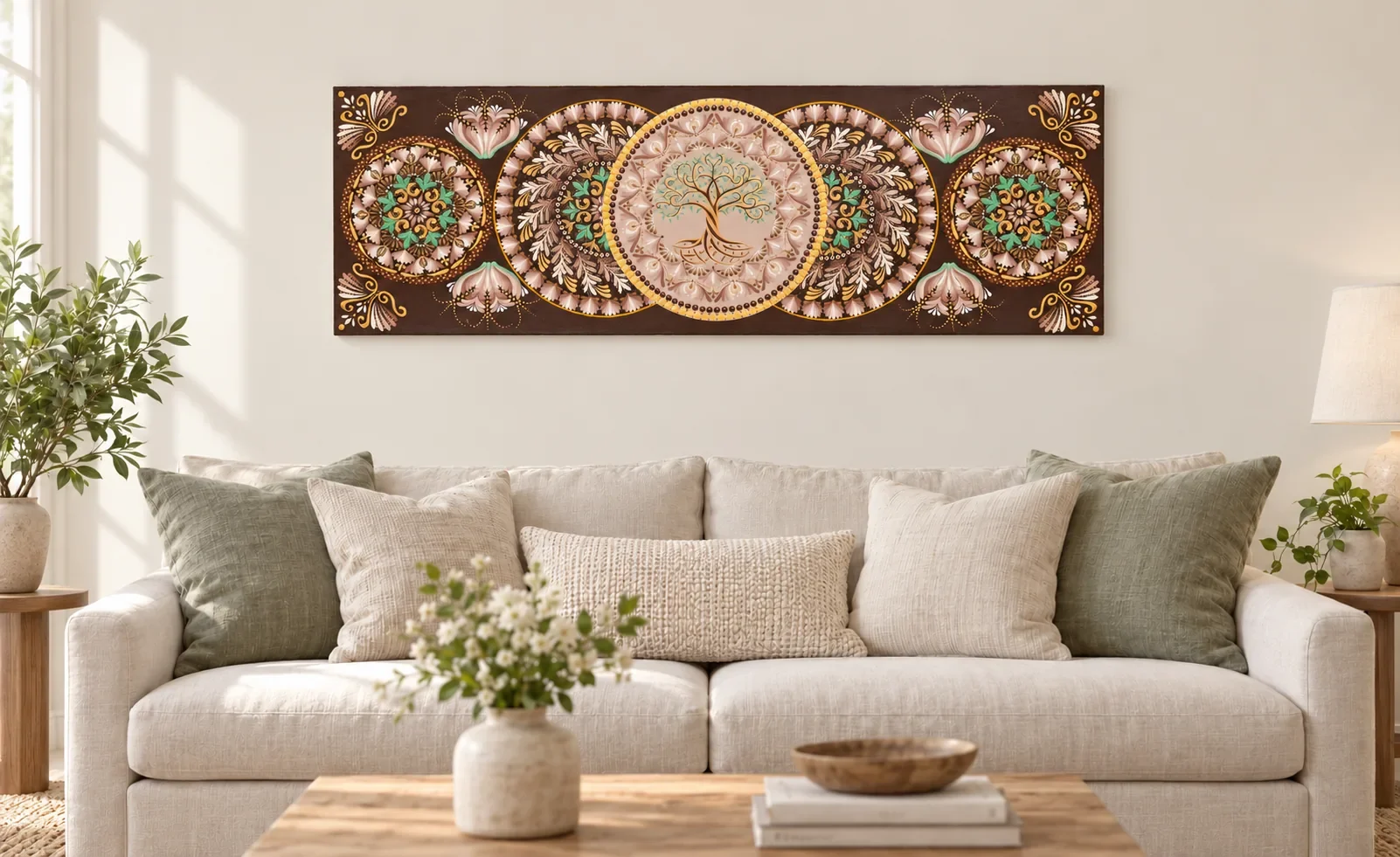 48" by 16" Tree of Life - Metallic Gold & Brown Mandala Painting on Canvas