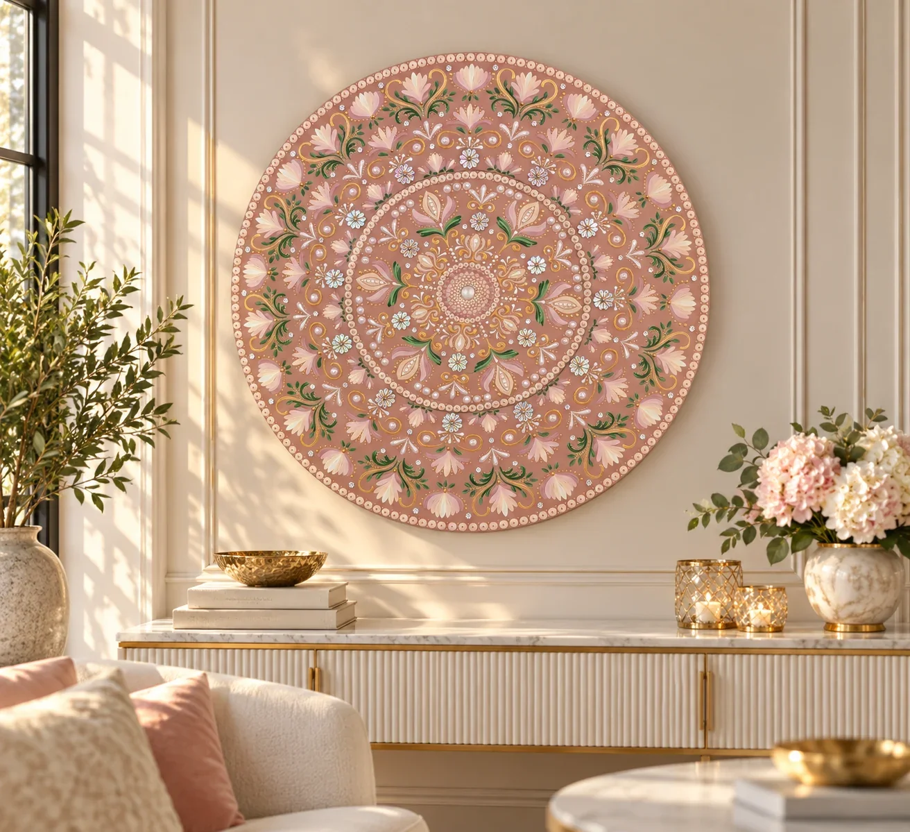 24" The Spencer Blossom - Metallic Gold & Pink Mandala Painting on Birch Wood