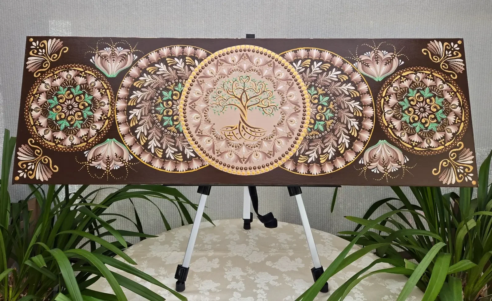 Large horizontal wall art featuring a Tree of Life and intricate mandalas on a textured chocolate-brown canvas.