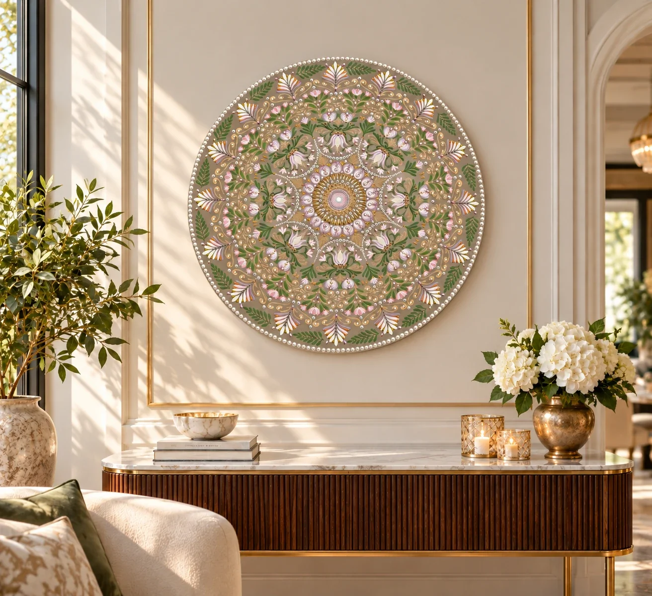 36" Sparkling Super Nova - Metallic Gold, Pink & Lavender Mandala Painting on Birch Wood