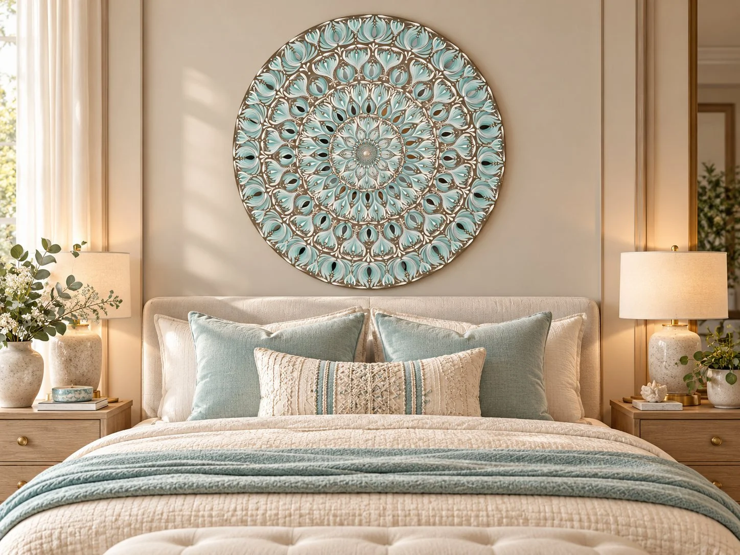 Aqua Blue Mandala Wall Art – 28" Acrylic and Mirror Embellished