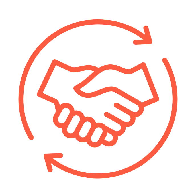 Red icon of two hands shaking, with a circular arrow surrounding them, symbolizing partnership or agreement.