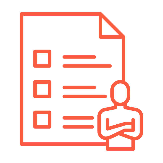 Icon of a document with a checklist and a person standing in front of it.