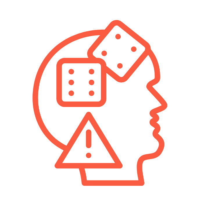 Line drawing of a human head with two dice and a warning triangle with an exclamation mark inside.