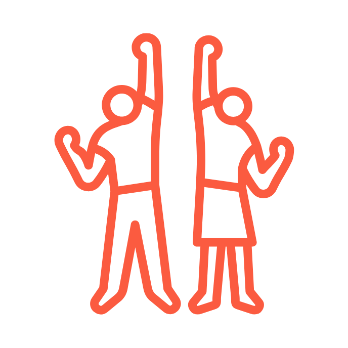 Neon icon of a man and a woman standing back to back, both pointing upward with one hand